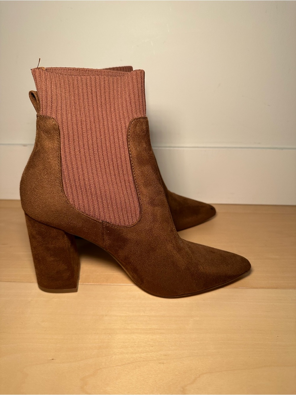 Women's Brown Block Heel Ankle Boot with Knit Shaft